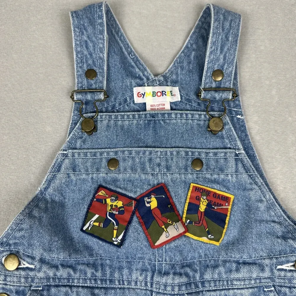 Vintage Gymboree Denim Golf Sport Patches Overall Shorts Size Small Rainbow Tag
